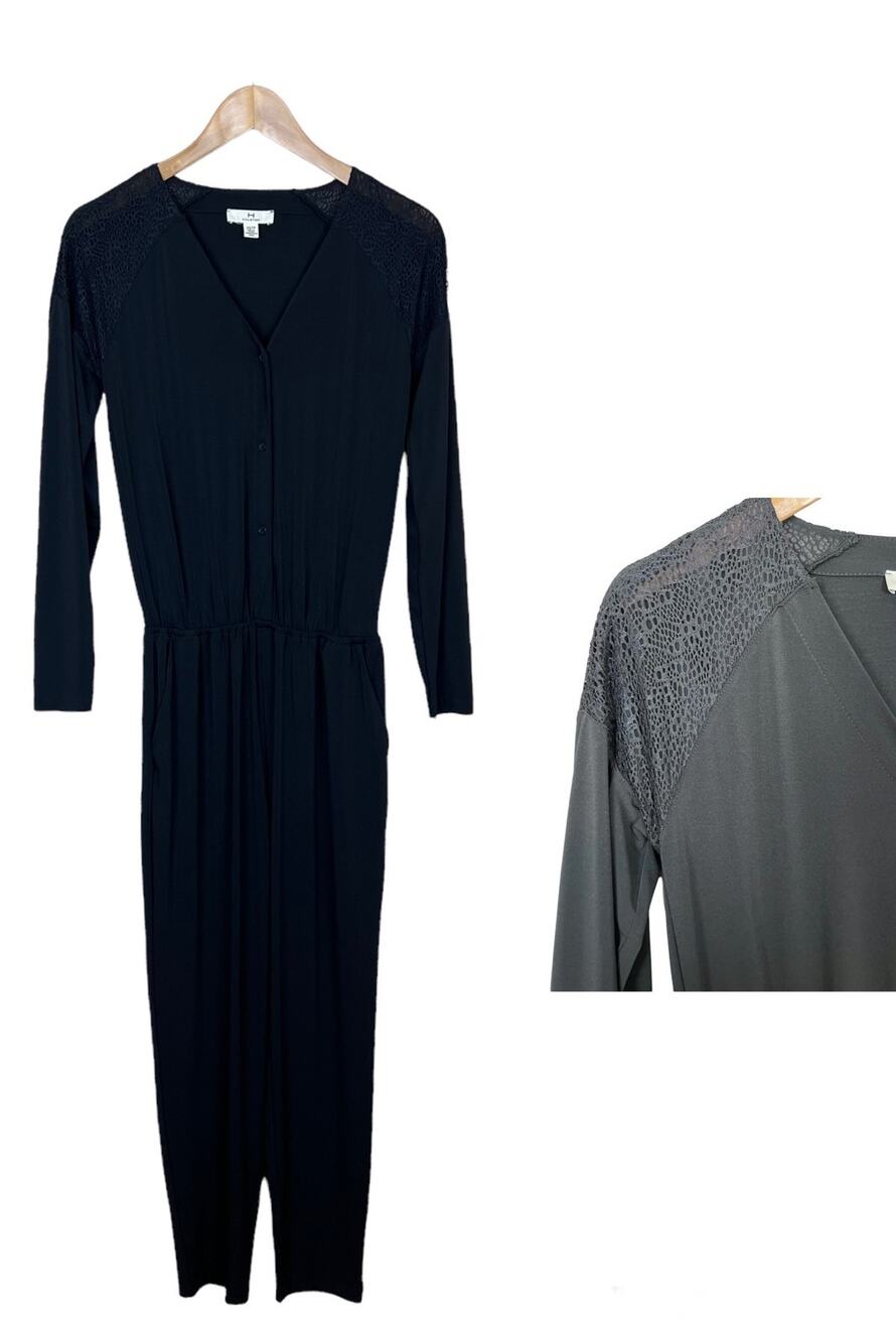 NEW H by Halston Charcoal Black Pant Jumpsuit with Lace Shoulder Size XS